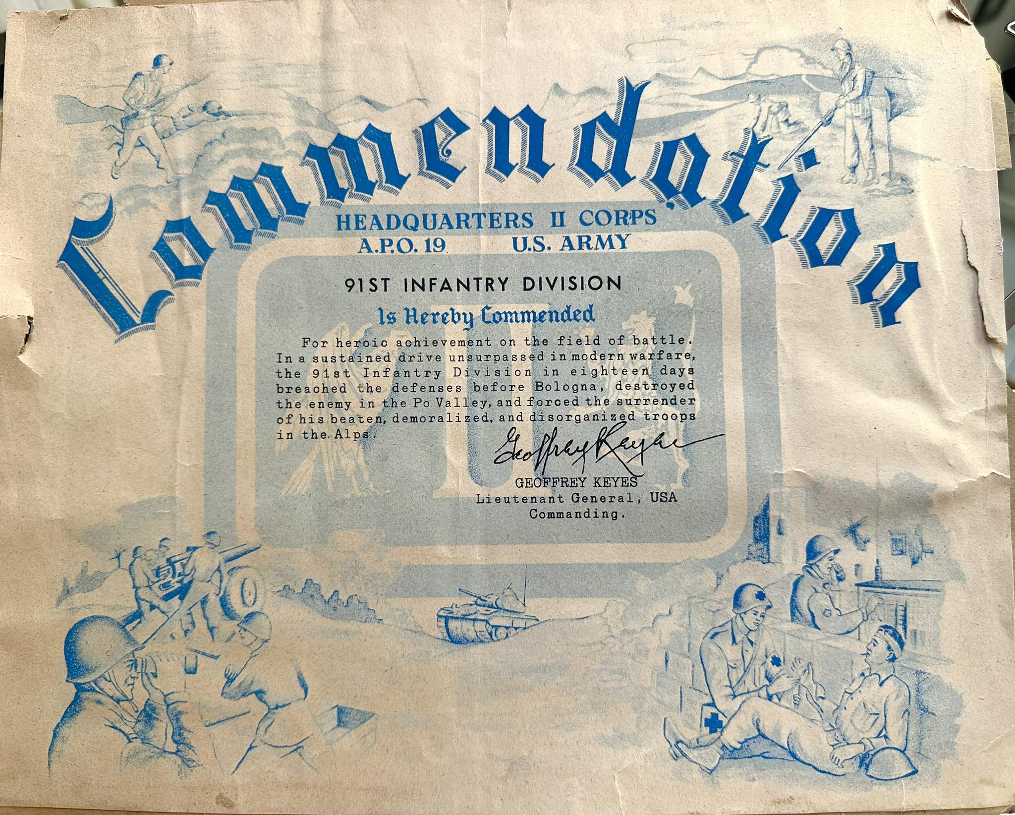 Diploma di encomio 91 esima divisione di Fanteria U.S. ARMY che nell’autunno del 1944 valicò la Futa fino ad arrivare nelle vicinanze di Livergnano